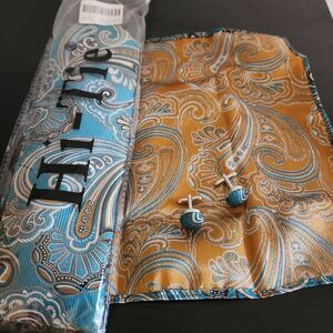 Hi-Tie Mens Paisley Tie Set with Matching Cufflinks & Handkerchief 100% Silk